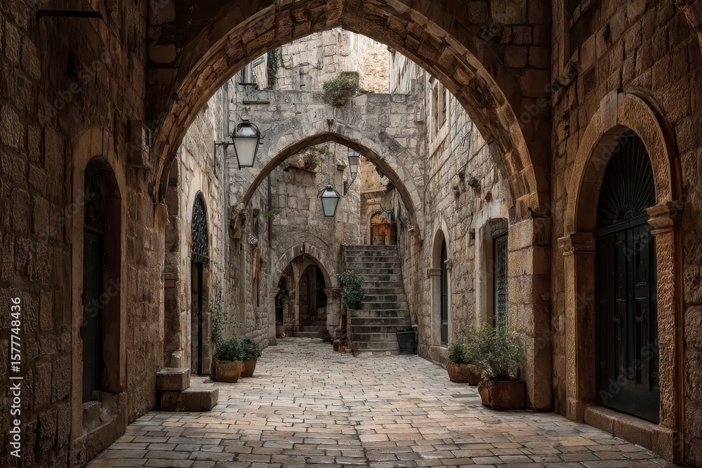 Naklejka premium Ancient Stone Arches in Jerusalem Alley.