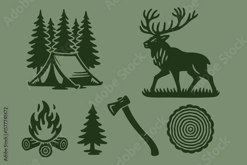 Camping and forest icons set, bold silhouette style, vector illustration
