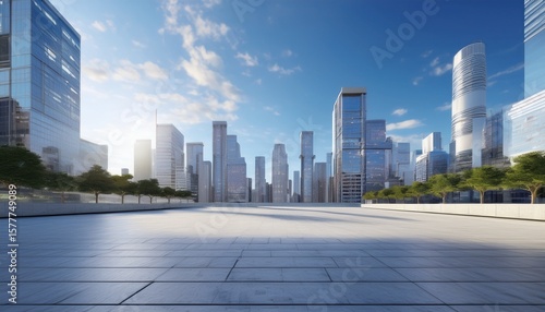 3d rendering empty square with modern concrete structures and cityscape
