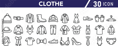 Vector art of a collection of 30 clothing icons representing various apparel and accessories