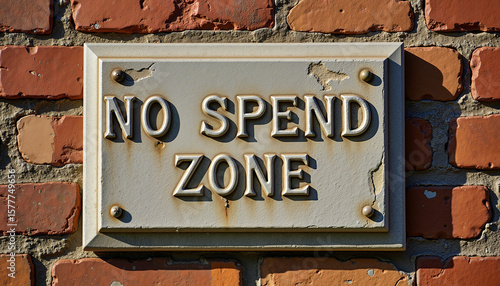 Road sign saying 'No Spend Zone' on a weathered brick wall  