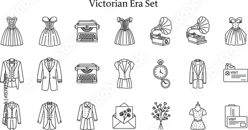 Victorian Era line icon set. Vector pictograms of 19th-century, antique, dress, corset, typewriter, gramophone, pocket watch, tailcoat, letter with dry flowers, visit card thin linear illustration