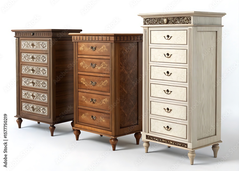 Fototapeta premium A photorealistic rendering of four wooden chests of drawers, each with a different style and number of drawers