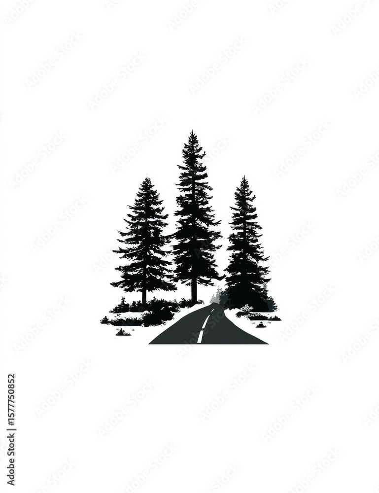 Obraz premium Silhouette of three evergreen trees flanking a winding road, set against a white background