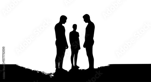 Vector art of three people silhouettes standing together in discussion isolated on transparent background