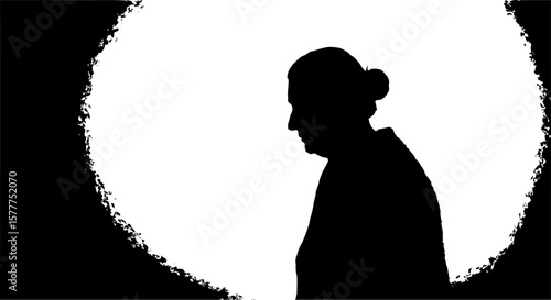 Vector art of elderly womans silhouette in profile against a bright, textured circle isolated on transparent background