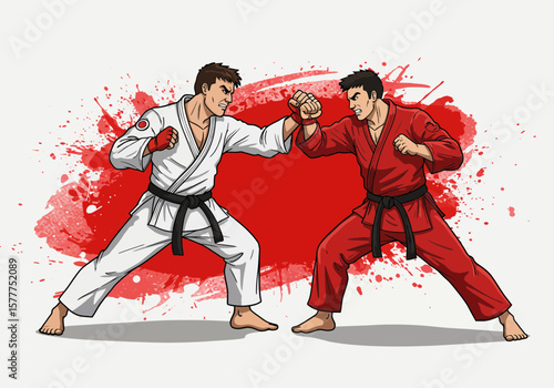 Martial Arts Fight Illustration | Karate Combat Drawing | Judo or Taekwondo Match | Fighters in Gi Uniforms | Combat Sport Clipart | Black Belt Duel Art

