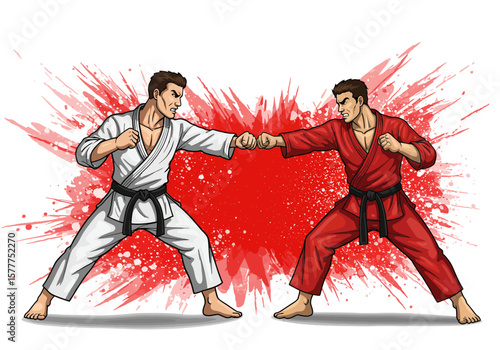 Martial Arts Fight Illustration | Karate Combat Drawing | Judo or Taekwondo Match | Fighters in Gi Uniforms | Combat Sport Clipart | Black Belt Duel Art

