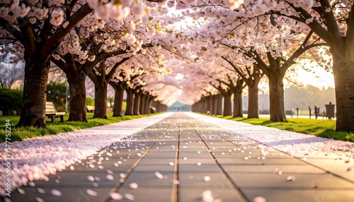 Blossom Path: Cherry Trees Lining Pathway in Spring