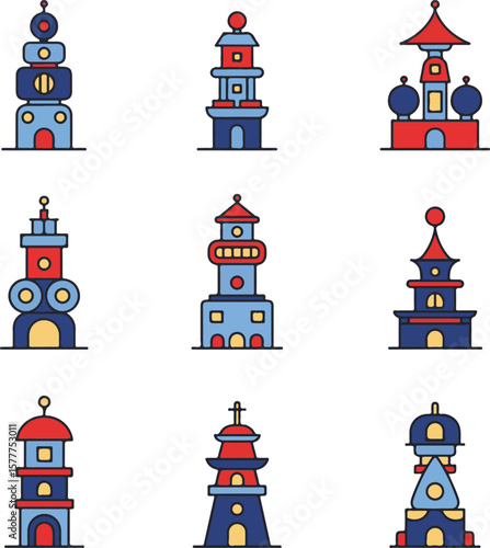 Collection of Stylized Towers and Pagodas.

