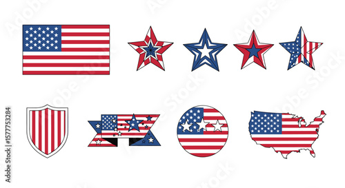 Collection of American Flag Themed Patriotic Graphic Elements for Independence Day Celebrations
