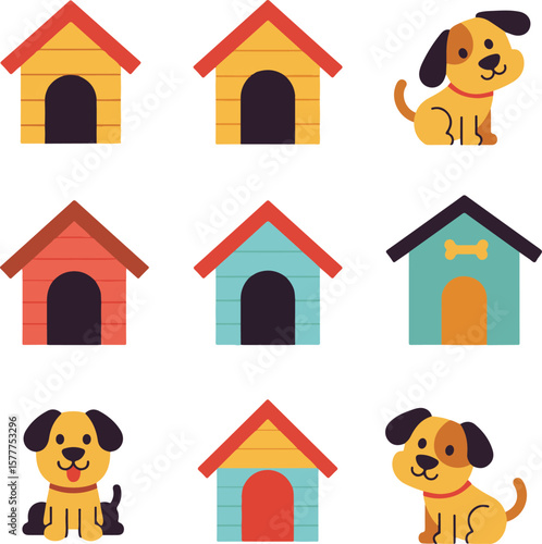 Set of Various Dog Houses in Cartoon and Flat Styles.

