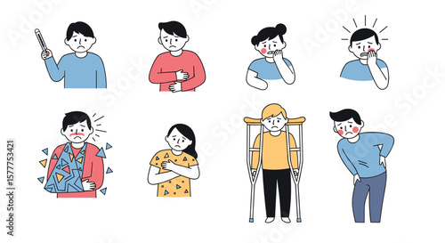 Understanding Common Human Discomforts and Ailments Illustrated with Diverse Figures Experiencing Pain