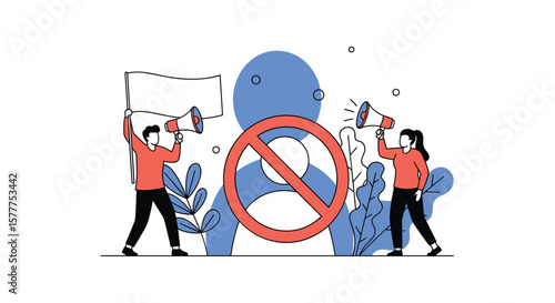 People protest against oppression with signs and megaphones showing disapproval through a prohibition symbol
