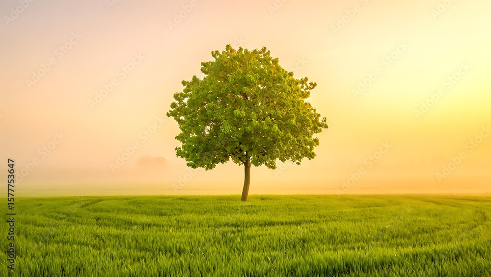 Fototapeta premium Lone tree in green field at sunrise