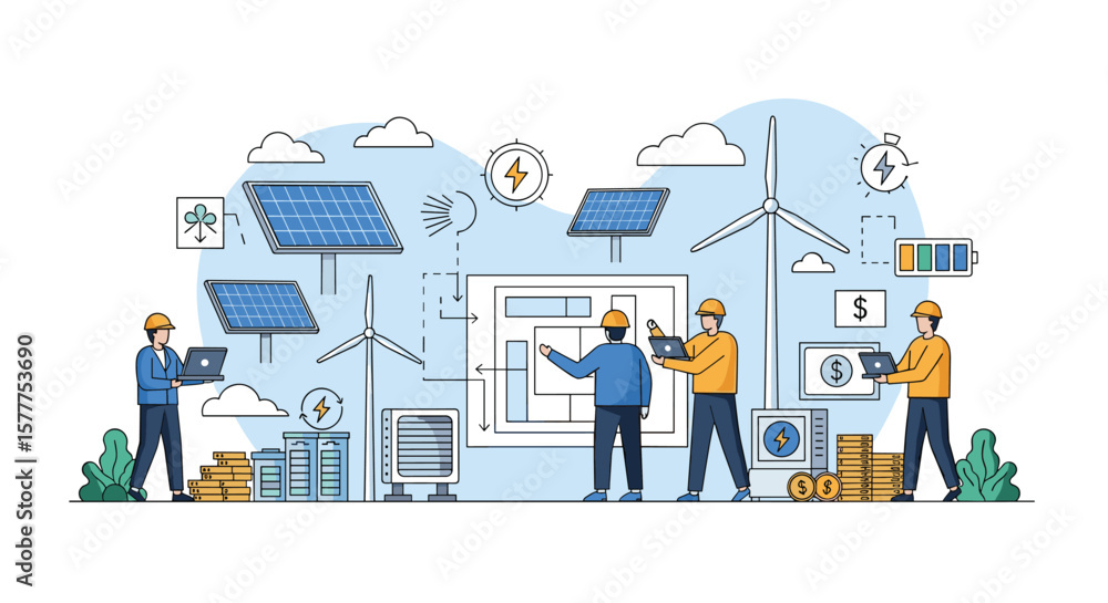 Fototapeta premium Renewable Energy Project Development and Construction Team Collaboration for Sustainable Future