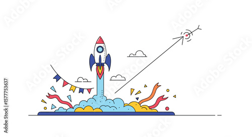 Illustration of a Rocket Launching into Space with Flags and Confetti