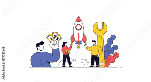 Team collaboration driving financial growth and business expansion using a rocket symbolizing rapid success