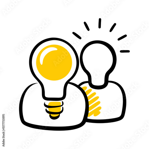 Two abstract figures with light bulbs representing ideas and inspiration  