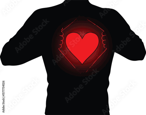 Vector art of silhouette of a back with a glowing red heart symbol representing love isolated on transparent background