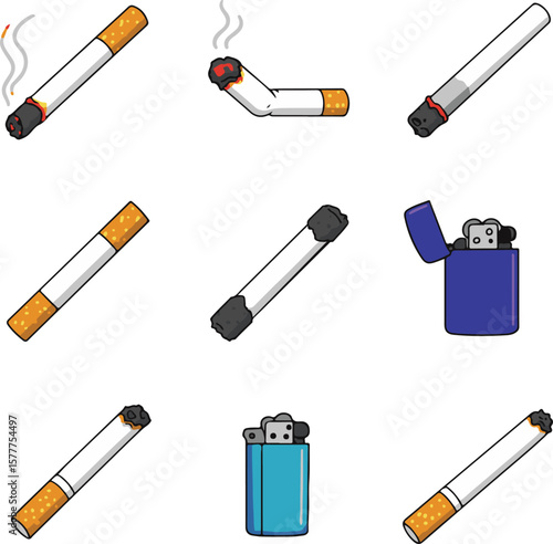 Smoking and Tobacco Vector Illustrations.
Collection of Cigarettes and a Lighter.