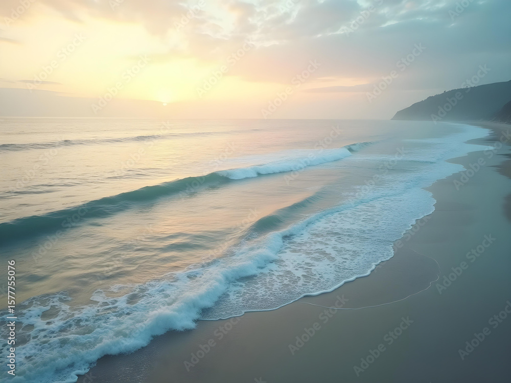Obraz premium Serene sunrise over a tranquil beach, gentle waves lapping the shore.