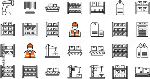 Warehouse operations equipment line icon set. Vector pictograms of barcode scanner, racking, shelving, conveyor, worker in safety vest, crane, label, thin