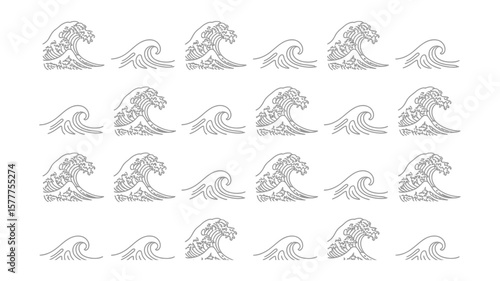 Seamless pattern with waves, gray oriental wave on white background, minimalist motif