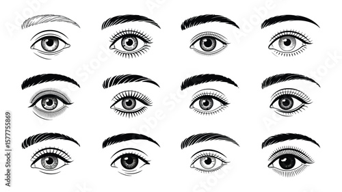 Set of Black Outline Eyes with Different Eyebrows and Lashes on White
