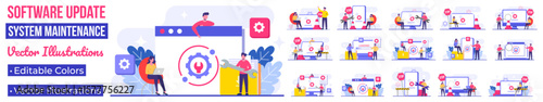 System maintenance, Error, Fixing trouble, Device updating, Software system under maintenance vector illustration, Software upgrade process on devices, System update, People update operation system