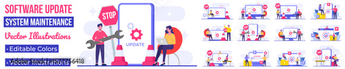 System maintenance, Error, Fixing trouble, Device updating, Software system under maintenance vector illustration, Software upgrade process on devices, System update, People update operation system