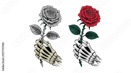 Skeleton Hand Holding Gray & Red Rose Floral on White Background