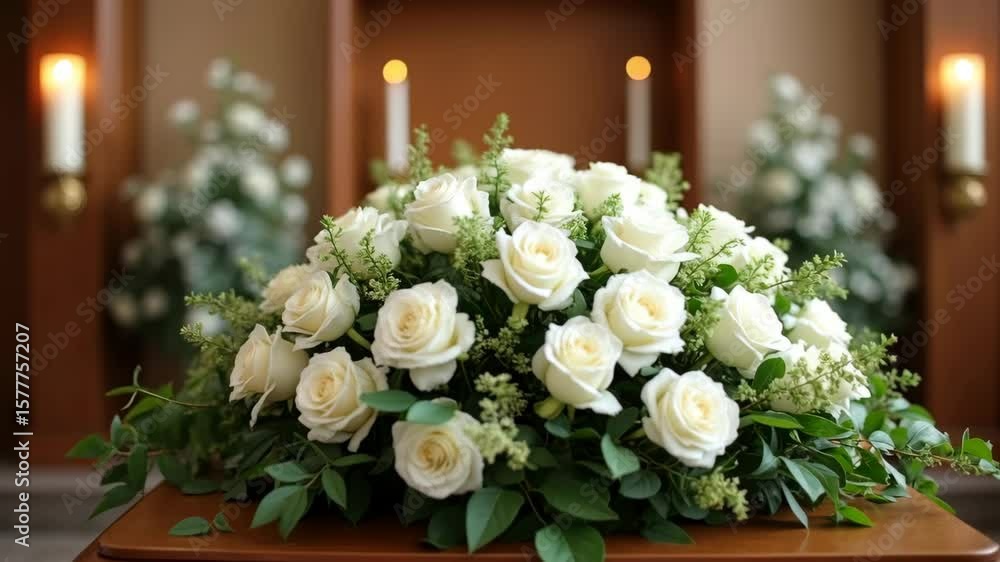 White funeral flowers arranged on polished wooden casket in memorial service setting
White funeral flowers arranged on polished wooden casket in memorial service setting