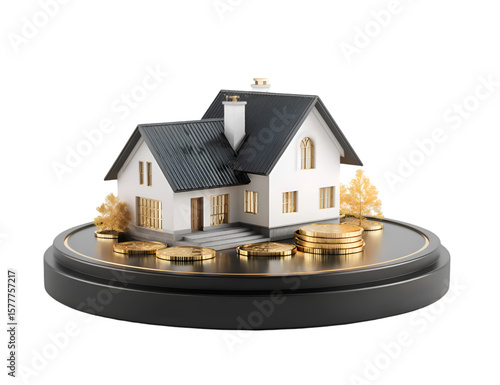 Real Estate Investment Concept With House Model And Gold Coins On Pedestal