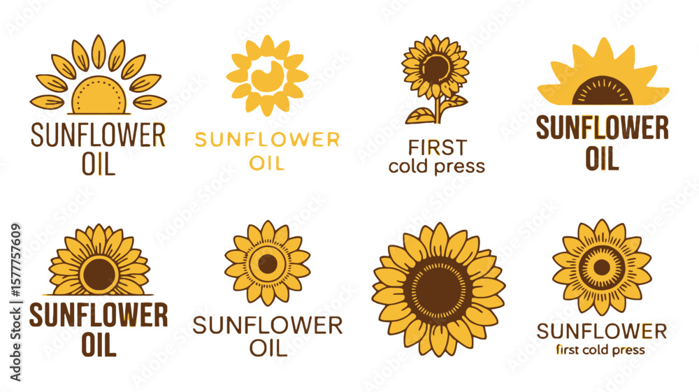 Fototapeta premium Sunflower Floral Design Set with Oil Text Various Isolated on White Background