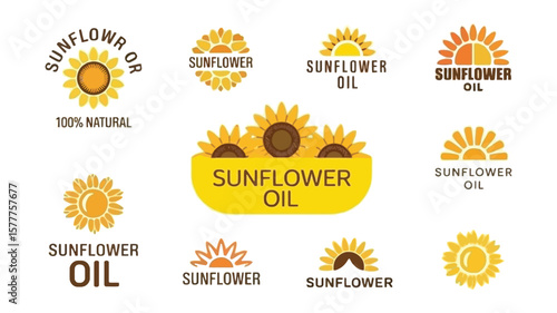 Sunflower Floral Oil Logo Set, Yellow Petals, Flower Branding on White