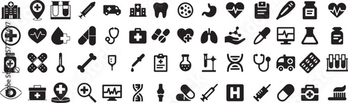 Collection of medical and healthcare icons representing various symbols and elements of the healthcare industry isolated on transparent background