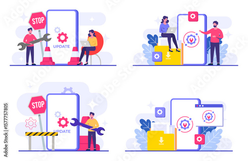 System maintenance, Error, Fixing trouble, Device updating, Software system under maintenance vector illustration, Software upgrade process on devices, System update, People update operation system