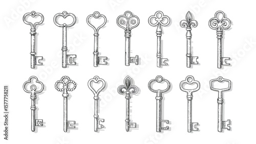 Twelve Vintage Keys on White Background, Ornate Designs, Intricate Details, Shadow