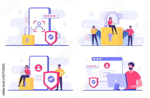  Personal data protection, Cyber security, Internet security or information privacy, Password protection flat vector illustration, Facial recognition, Face identity, Biometric identification