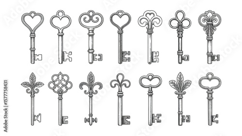 Variety Of Antique Keys Vintage Styled Collection Isolated On White Background