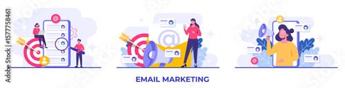 Set of email marketing campaign flat illustrations, Online business strategy, Advertising, Email newsletter, messaging, Marketing concept for landing page, web banner, social media, infographic