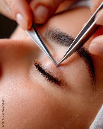 closeup of a beautician using a tweezer to apply eyelash extensions soft natural lighting highlighting the eyes