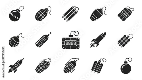Various Black Bomb Shapes Collection, Grenades, Rockets, Dynamite on White Background
