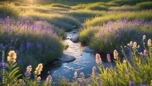 Lavender field with stream at sunset