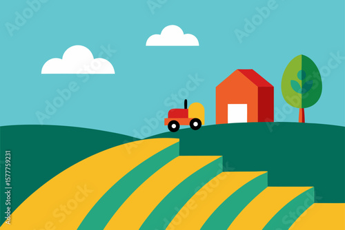 Hillside Farm with Crops and Tractor