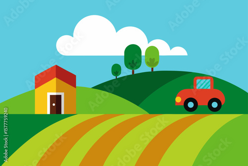 Hillside Farm with Crops and Tractor