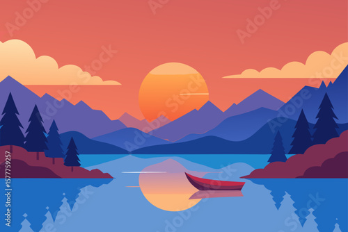 Lake at Sunrise with Canoe and Mist