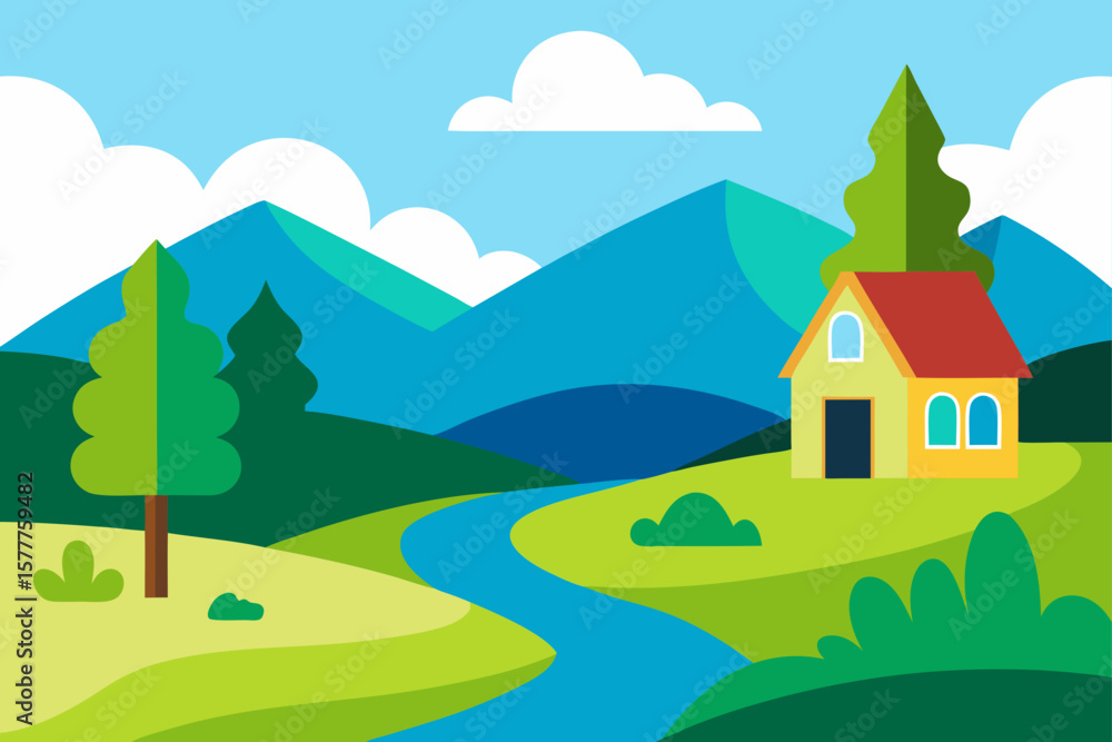 Fototapeta premium Countryside Landscape with Cottage and Stream