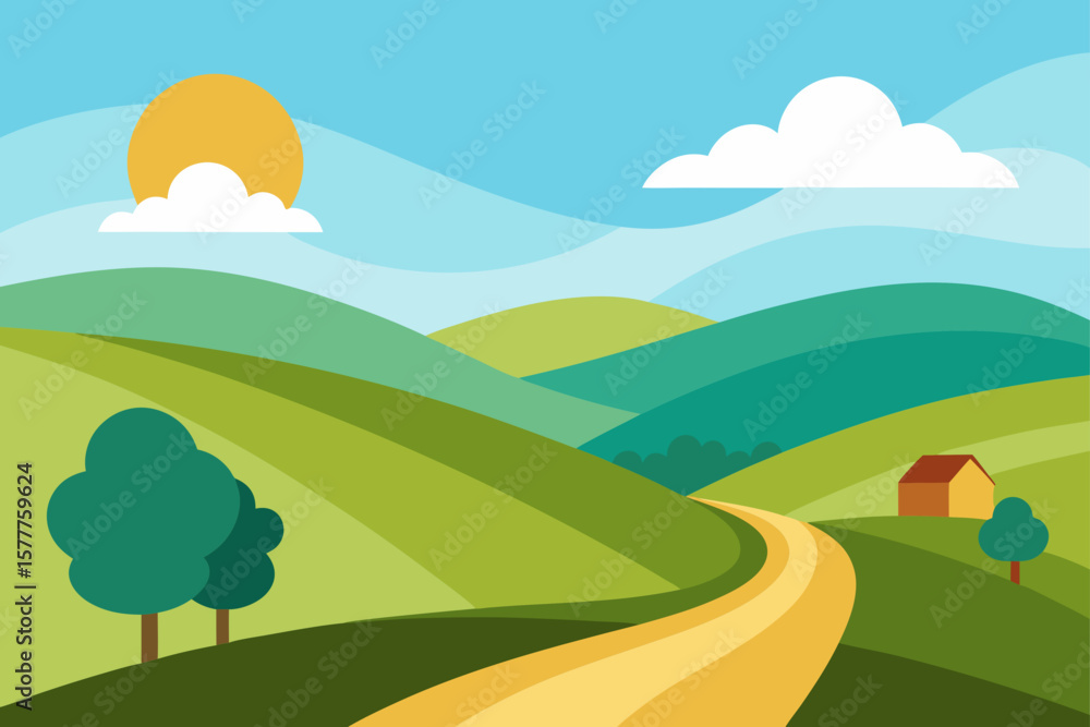 Fototapeta premium Serene Countryside With Hills And Dirt Road